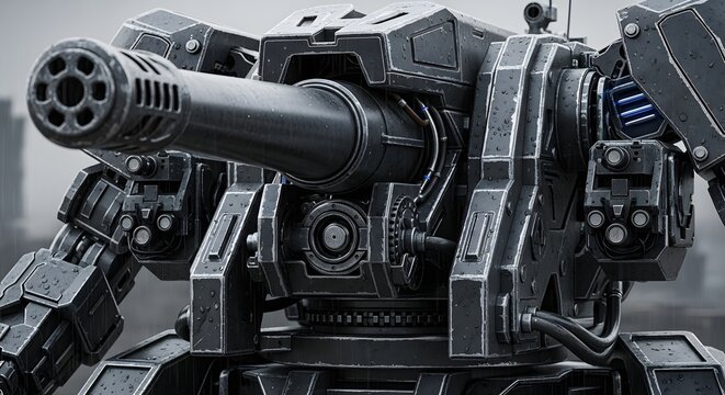Massive futuristic combat robot with a colossal cannon detailed metallic armor and glowing blue accents ready for battle in a dystopian cityscape