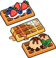 Set of three delicious cartoon waffles with different toppings.