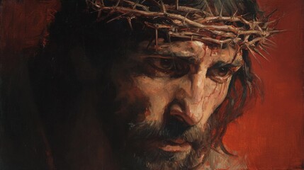 A man with long hair and a crown of thorns gazes downward, expressing profound sorrow and contemplation. The background enhances the somber mood, adding depth to his emotional struggle.