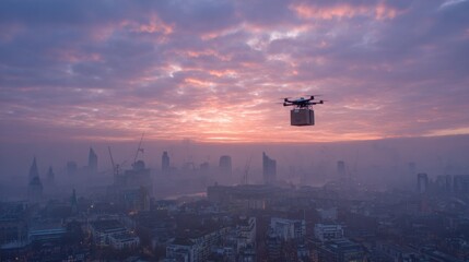 A drone carrying a package hovers above the London skyline, showcasing a vibrant sunrise with clouds and fog. The cityscape blends with the morning mist, creating a serene atmosphere.