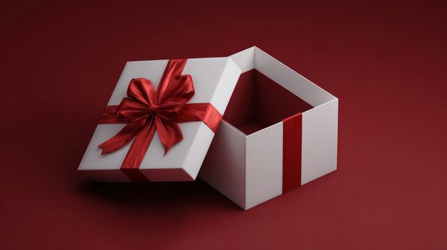 Blank white gift box open or top view of white present box tied with red ribbon bow isolated on dark red background with shadow minimal conceptual 3D rendering