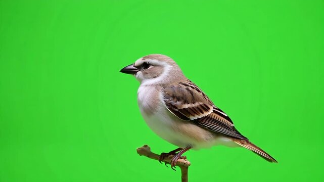 Adorable Java Sparrow perched gracefully on a branch against a vibrant green screen backdrop waiting to be part of your next creative project