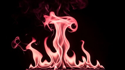 Vibrant red and pink flames dance dynamically against a stark black background, creating a dramatic and intense visual display of heat and energy