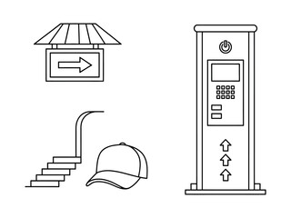 A collection of simple line drawings including a sign, stairs, a cap, and a ticket machine.