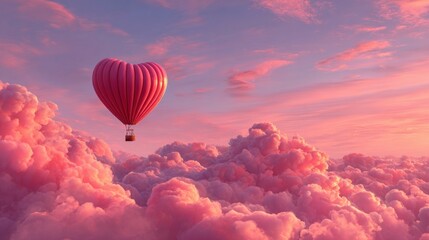 Obraz premium A vibrant pink hot air balloon in the shape of a heart floats gracefully among soft, fluffy clouds at sunset, creating a romantic and tranquil atmosphere in the sky.