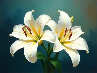 Two beautiful white lilies bloom gracefully against a soft blue backdrop