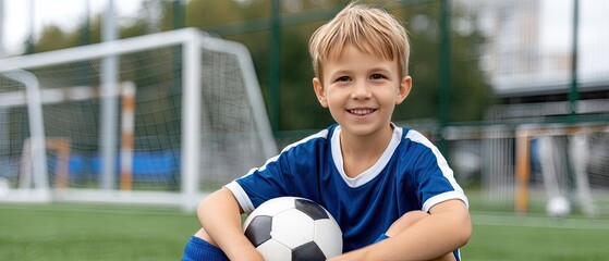 Happy child in blue football uniform sitting on grass with soccer ball during summer sports camp, enjoying the game with friends