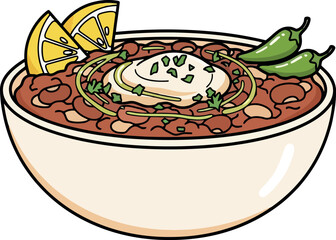 Bowl of Chili with Lemon Wedges and Peppers.