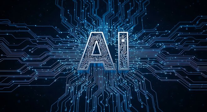 Glowing ai text against a futuristic digital circuit board background