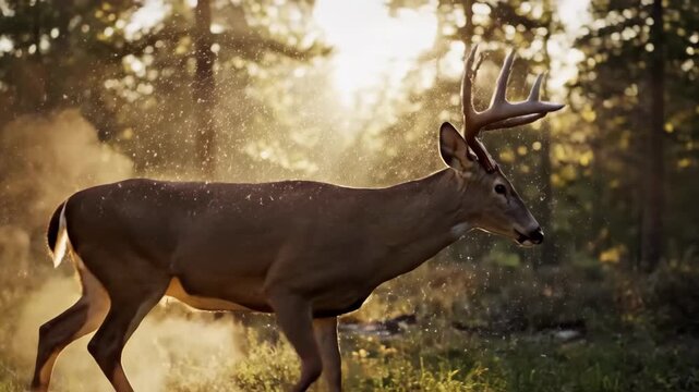 Majestic buck with large antlers walking through a sunlit forest, kicking up dust