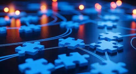 Interconnected puzzle pieces representing network connections and data flow with bokeh lights