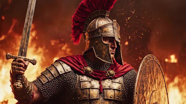 Roman warrior in full armor holding a sword and shield amidst a fiery battlefield