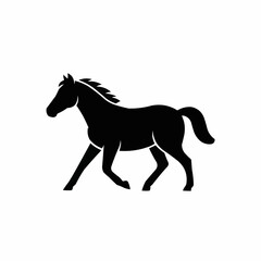 Black horse silhouette trotting gracefully on a white background.