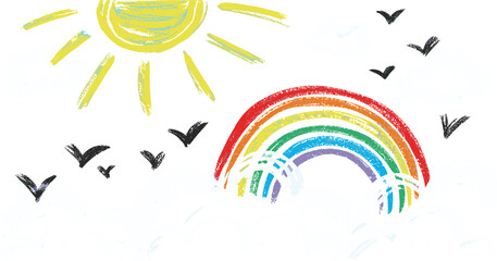 Beautiful colorful rainbow with bright sun, fluffy clouds, and flying birds on blue sky, cheerful childlike pastel crayon drawing illustration