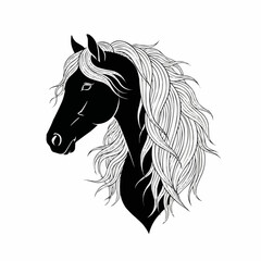 Elegant black horse head with a long flowing white mane.