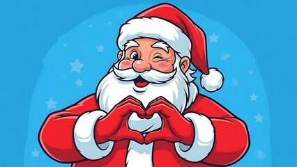 Santa claus making a heart shape with his hands on a blue background with white stars cartoon image