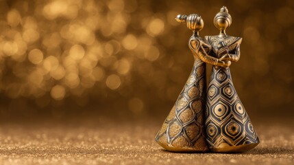 Obraz premium A golden ornate figurine of a couple in traditional attire, set against a soft glowing bokeh background with dramatic lighting.