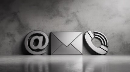 Contact Icons and Concrete Backdrop: Metallic icons representing communication options sit against a textured concrete wall, embodying simplicity and clarity in connectivity. 