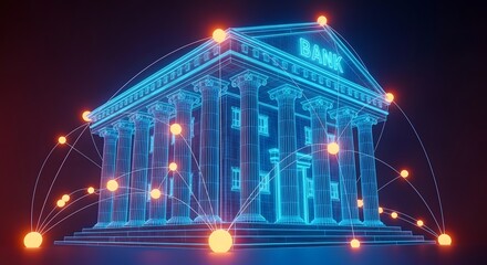 Futuristic digital bank building structure with glowing nodes and connections