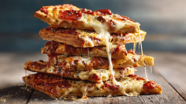 Slices of pepperoni pizza are stacked high, revealing melted cheese and rich tomato sauce. The wooden table adds a rustic touch to this mouthwatering dish enjoyed in a cozy setting.