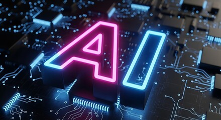 Glowing ai text on a futuristic circuit board with blue and pink neon lights