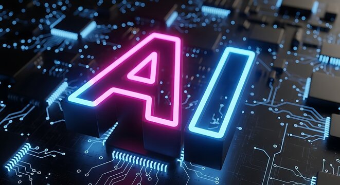 Glowing ai text on a futuristic circuit board with blue and pink neon lights