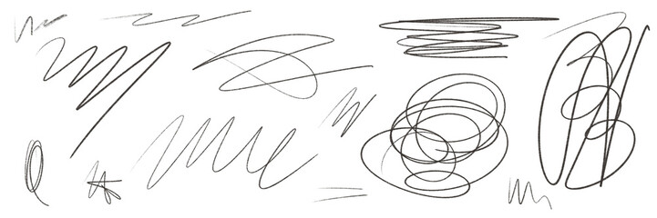 Black graphite pencil strokes isolated on transparent background.