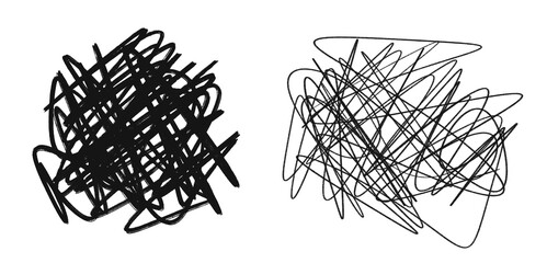 Set of chaotic abstract scribbles in black ink on a white background, hand-drawn sketch elements