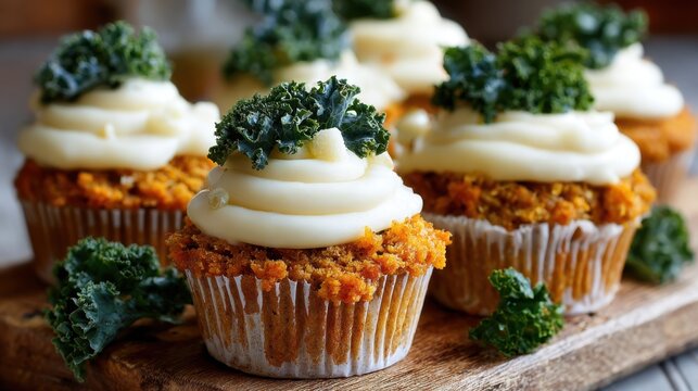Delicious cupcakes topped with smooth frosting and garnished with fresh kale sit on a rustic wooden platter. This inviting kitchen scene offers a homemade feel and vibrant colors.