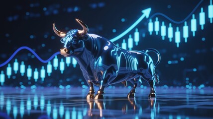 A Bull statue symbolizes financial growth with chart background