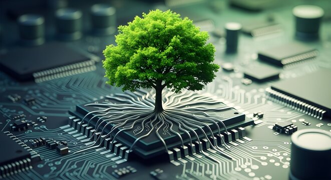 Green technology concept tree growing from computer chip on circuit board
