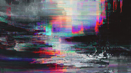 Vibrant digital glitch art showcasing colorful horizontal lines and pixel distortion, creating an abstract and dynamic visual resembling a corrupted signal or futuristic landscape.