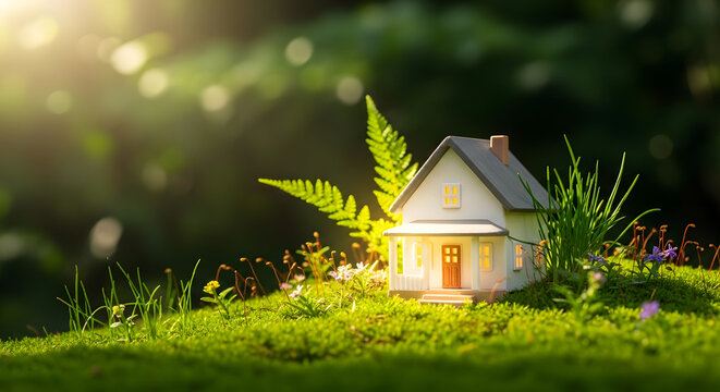 Miniature dream house nestled in lush green moss and ferns with warm glowing light