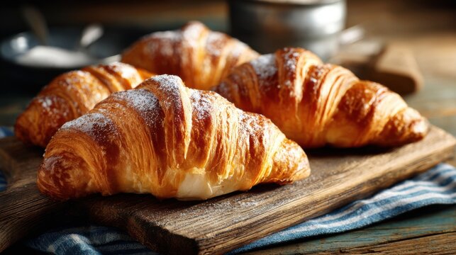 Golden-brown croissants sit on a rustic wooden board, dusted with powdered sugar. The warm ambiance of the kitchen enhances the feeling of a delightful morning. - Powered by Adobe