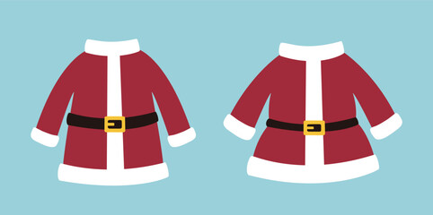 Cute red Santa coat flat vector illustration set.
Santa Claus costume clipart.
Traditional santa claus clothes. 