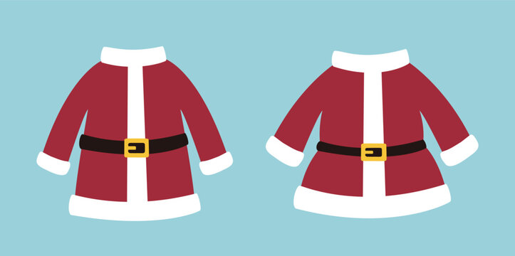 Cute red Santa coat flat vector illustration set.
Santa Claus costume clipart.
Traditional santa claus clothes. 