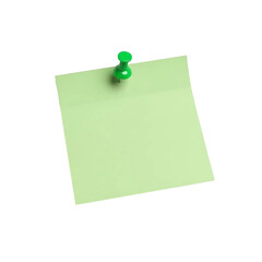 Green blank sticky note paper with pushpin for important memo isolated on transparent background