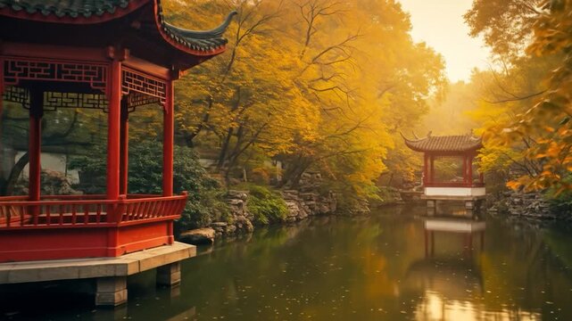 Chinese Pagoda by Water in Autumn Serenity
