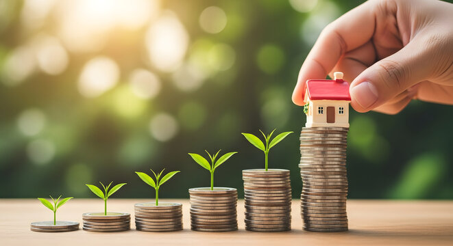 Hand placing miniature house on stack of coins symbolizing financial growth and real estate investment