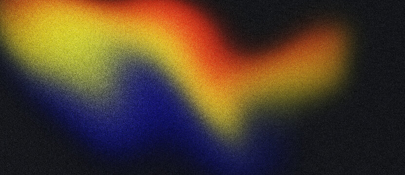 Psychedelic retro music cover dance party poster design, with red orange yellow blue grainy gradient color flow wave on black background