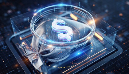 Financial Analysis: A high-tech depiction of financial analysis, with a holographic dollar sign set within a transparent magnifying glass, symbolizes careful scrutiny of wealth.