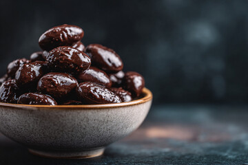 Chocolate-covered almonds in a ceramic bowl.
