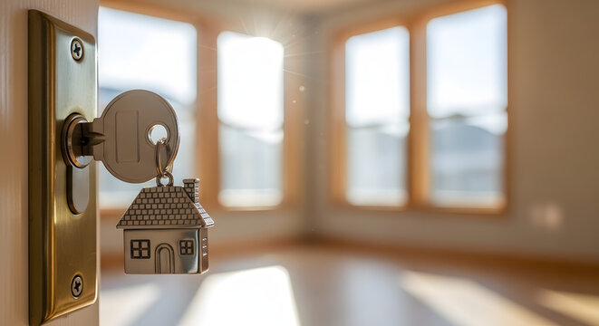Key with a house shaped keychain in a door lock ready to unlock a new home