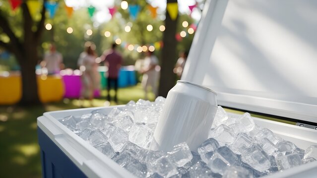 Cold white soda can mockup in ice cooler with blurred garden party background