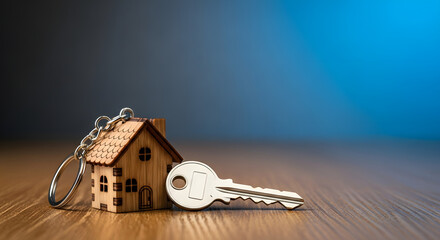 Wooden house keychain with a silver key resting on a wooden surface with a blurred blue background