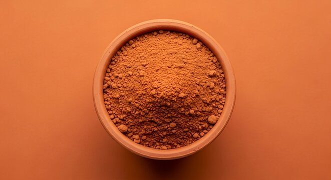 Overhead, macro close-up of a terracotta bowl filled with a mound of brown powder (like cocoa, chili, or cumin powder) against an orange background
