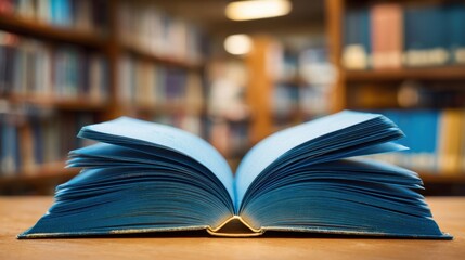 An open blue book lies on a wooden table, showcasing its pages. Blurred library shelves filled with books provide a warm backdrop, suggesting a quiet study environment.
