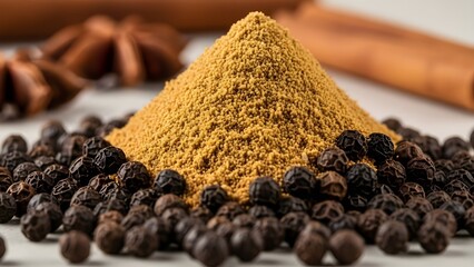 Pile of ground yellow spice surrounded by black peppercorns