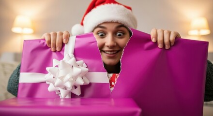 Festive Surprise: Woman Peeking from a Christmas Gift