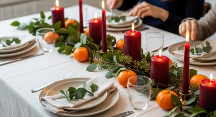Festive Table Setting with Candles and Citrus